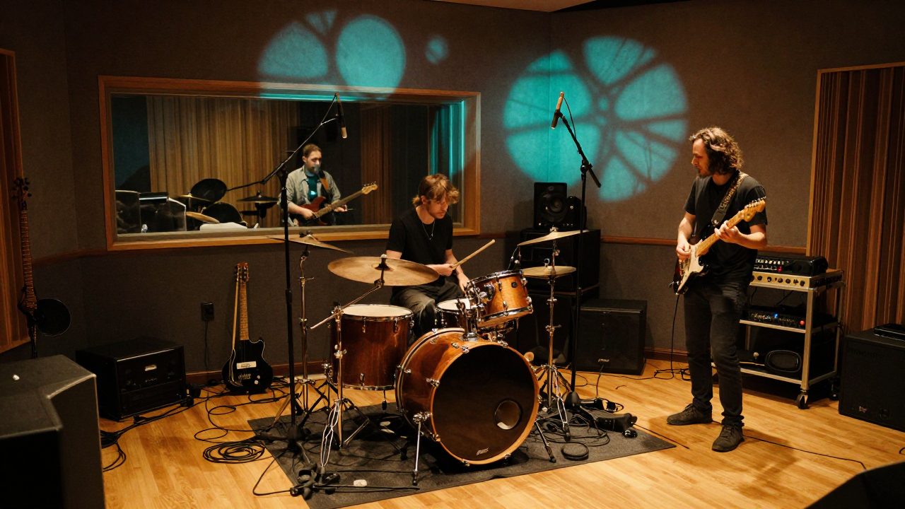 Band playing live in recording room with drums and guitar amp.