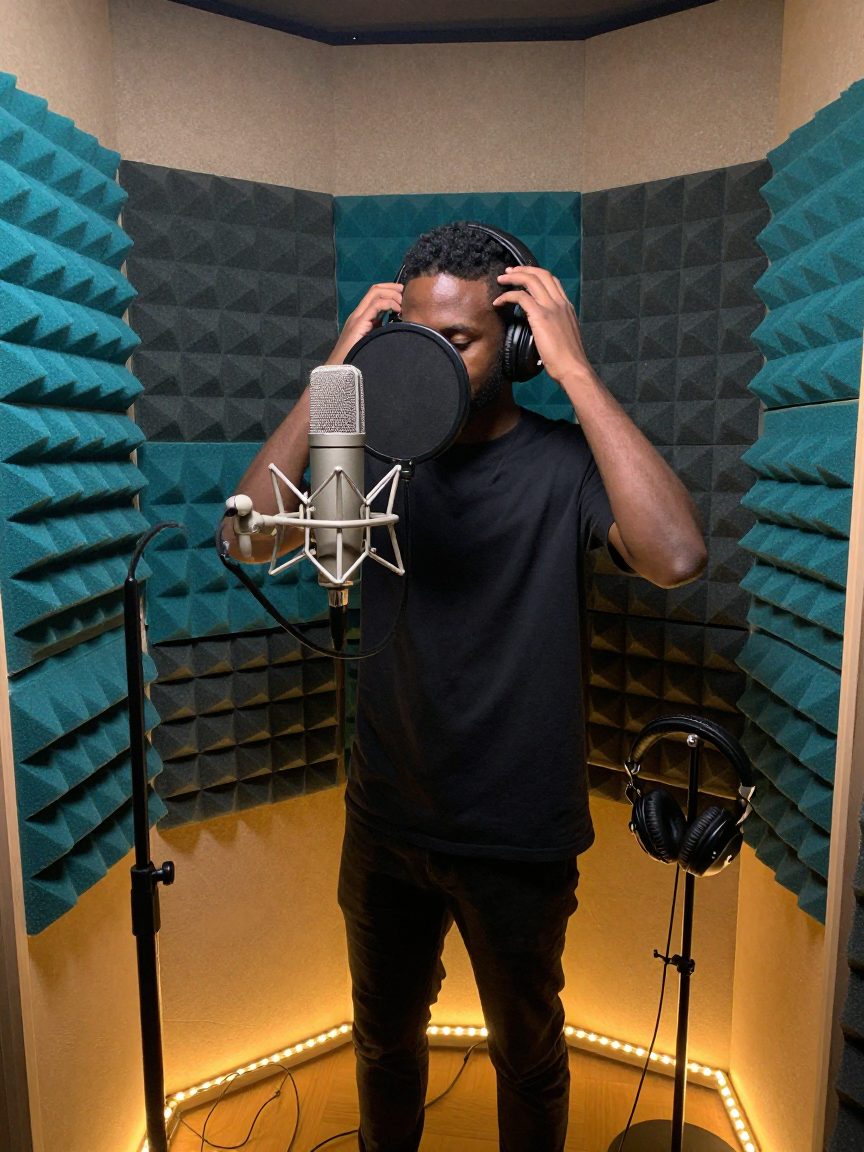 Condensatormicrofoon en akoestiek in compacte vocal booth.