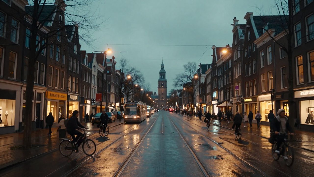 Evening view of Overtoom with tram tracks, cyclists and wet street.