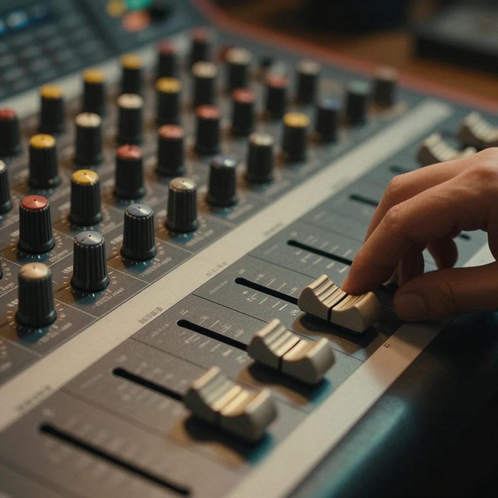 Close-up of faders and knobs on analog mixing console.