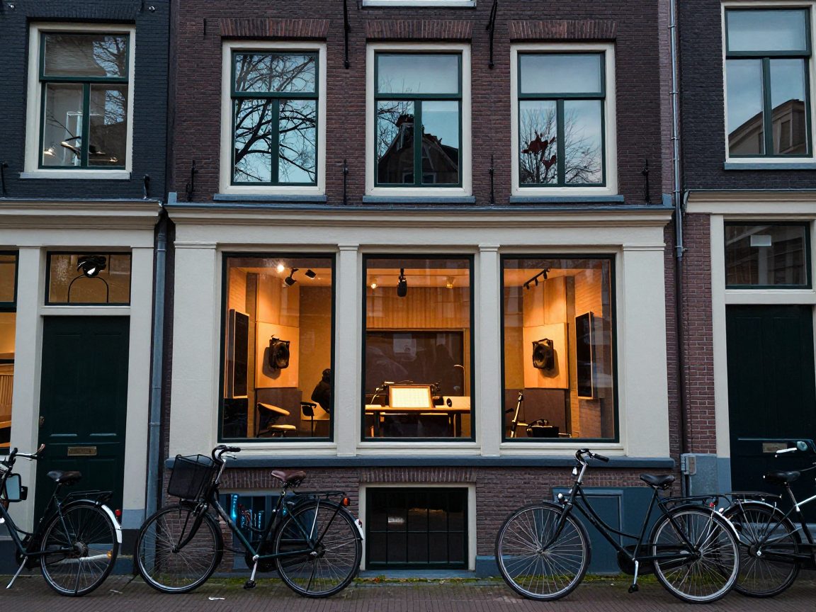 Gevel van studio-pand aan drukke Amsterdamse straat met fietsen.
