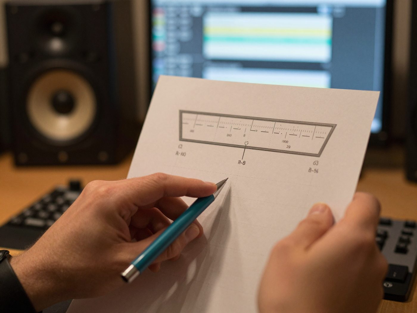Engineer noting levels on paper beside studio monitors.