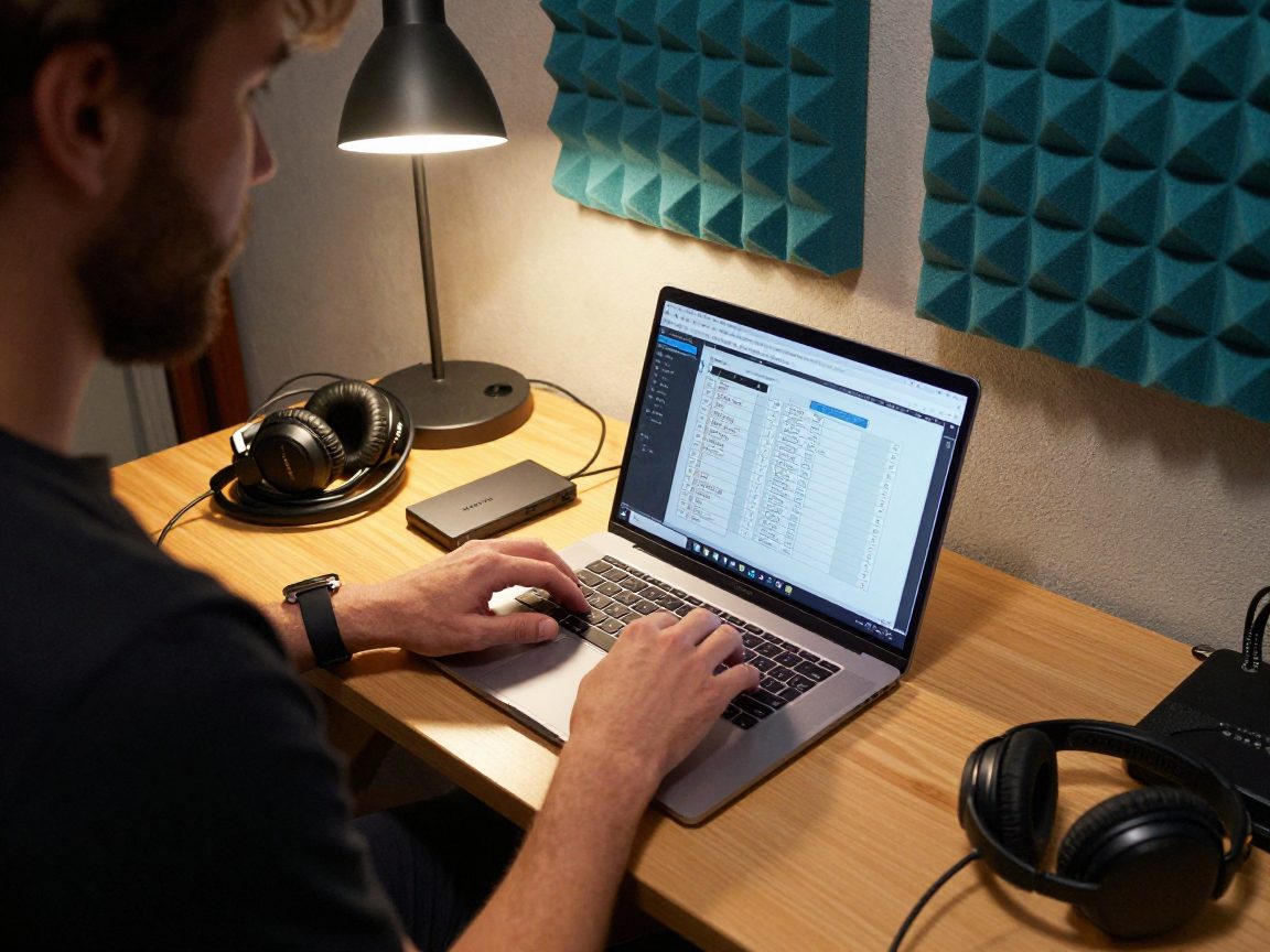 Producer sorting stem files on laptop with SSD on desk.