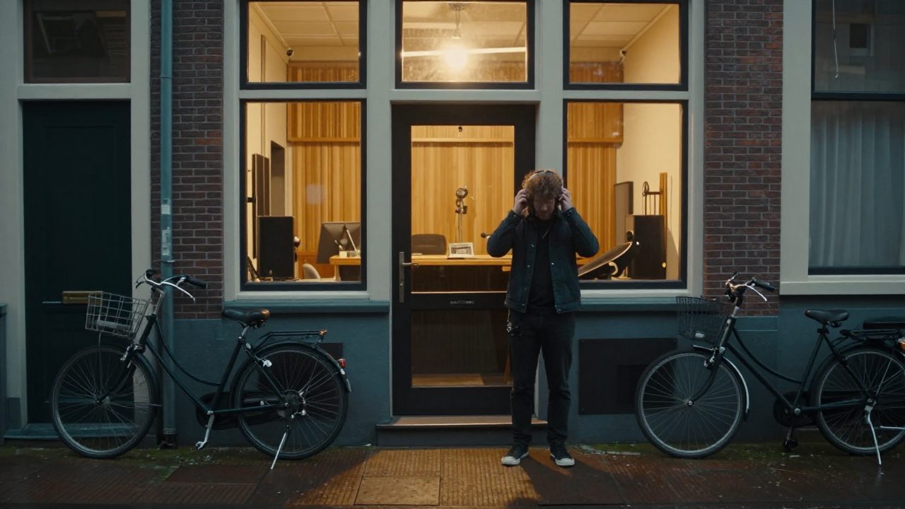 Singer with headphones at studio entrance on Overtoom in evening light.