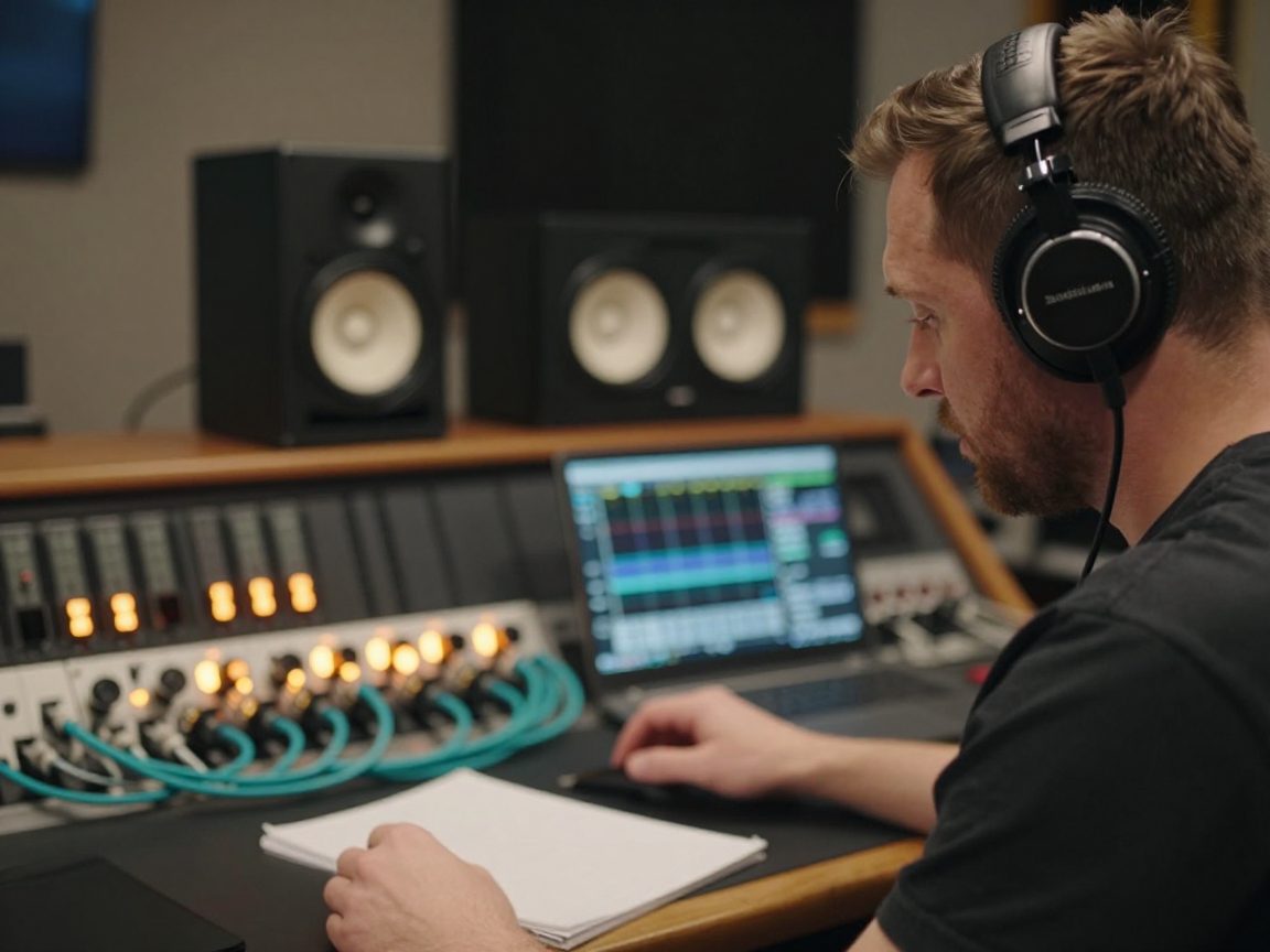 Mastering engineer listening between speakers with outboard gear.