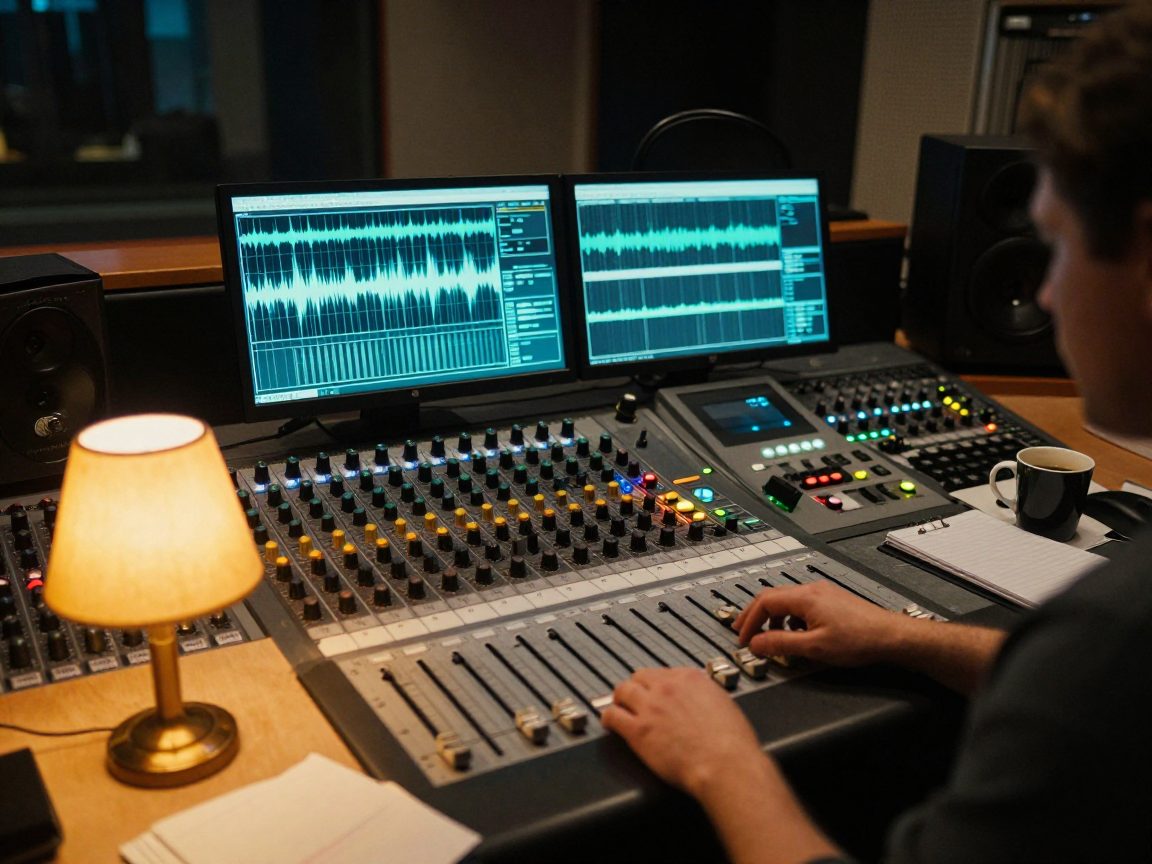 Mix engineer at console with racks and monitors in control room.