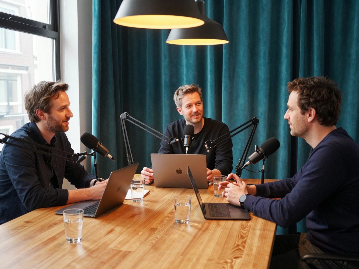 Three podcast hosts at table with microphones and warm pendant light.