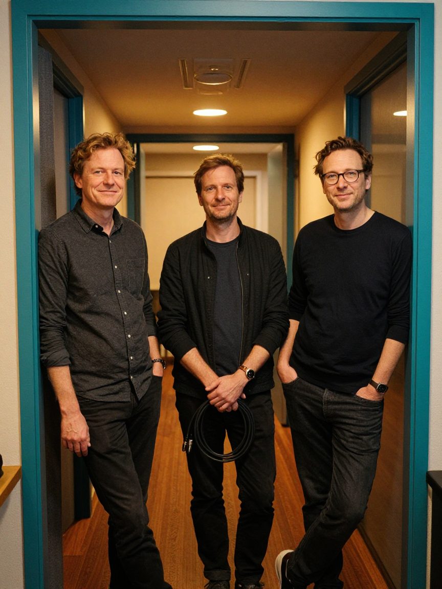Drie studio-medewerkers in gang van opnamestudio met warm licht.