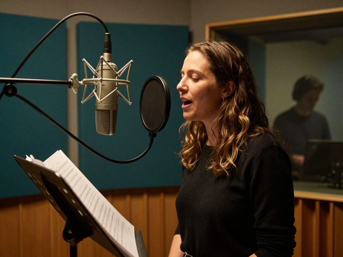 Vocalist in iso booth at microphone with engineer behind glass.